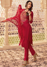 Red Chanderi Embroidery Salwar Suit with Dupatta Set For Women's