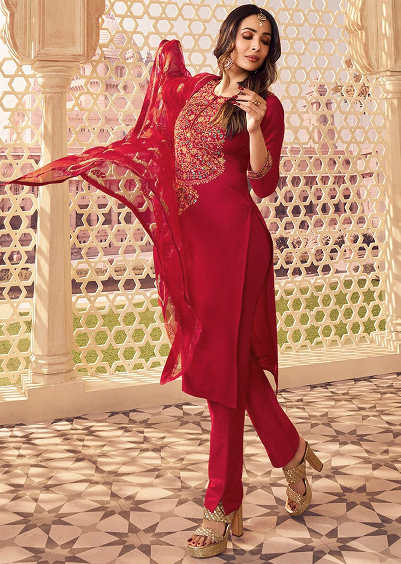 Red Chanderi Embroidery Salwar Suit with Dupatta Set For Women's