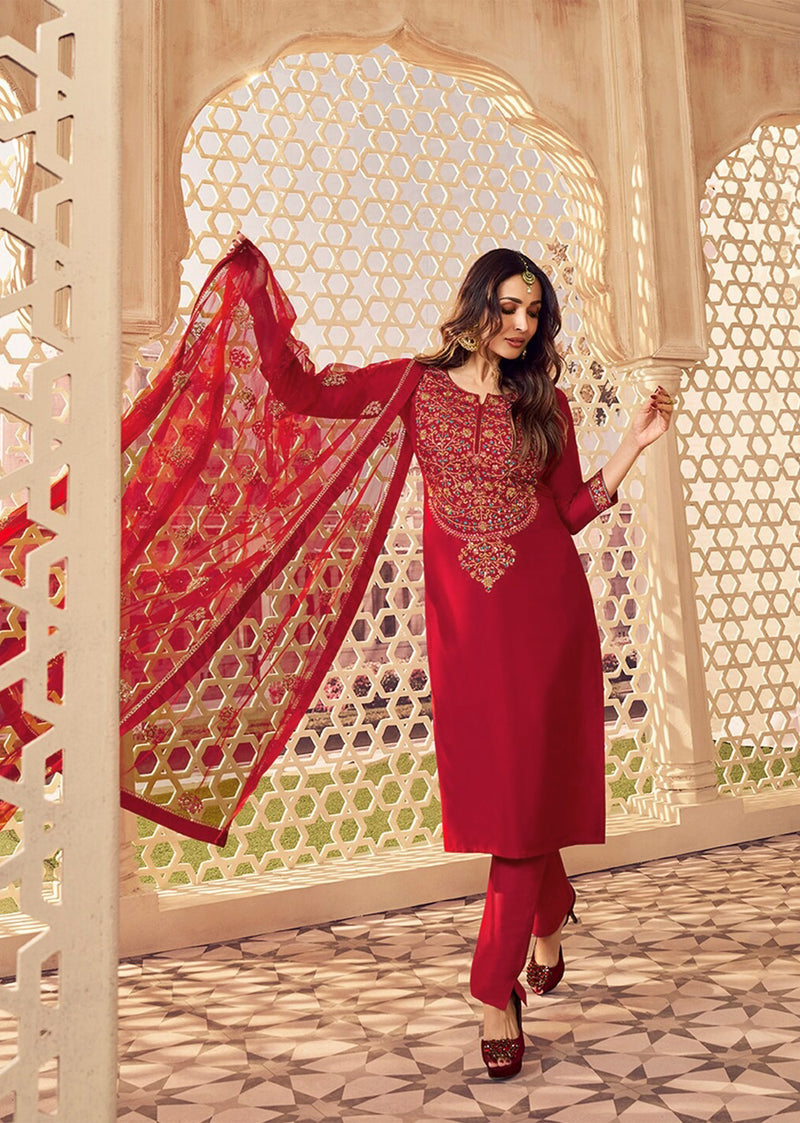 Red Chanderi Embroidery Salwar Suit with Dupatta Set For Women's