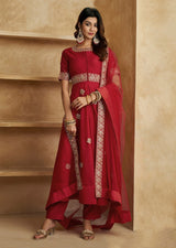 Red Chanderi Anarkali Embroidery Salwar Suit with Dupatta Set For Women's