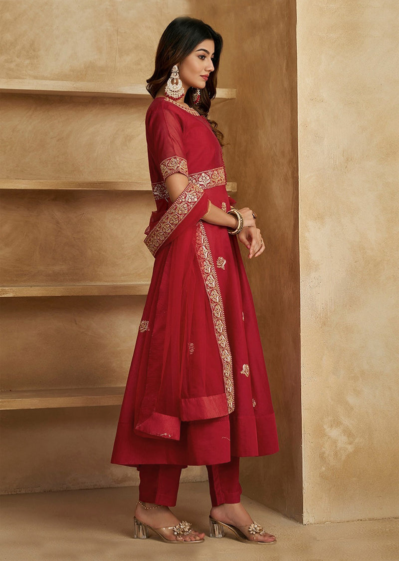 Red Chanderi Anarkali Embroidery Salwar Suit with Dupatta Set For Women's