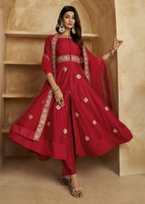 Red Chanderi Anarkali Embroidery Salwar Suit with Dupatta Set For Women's