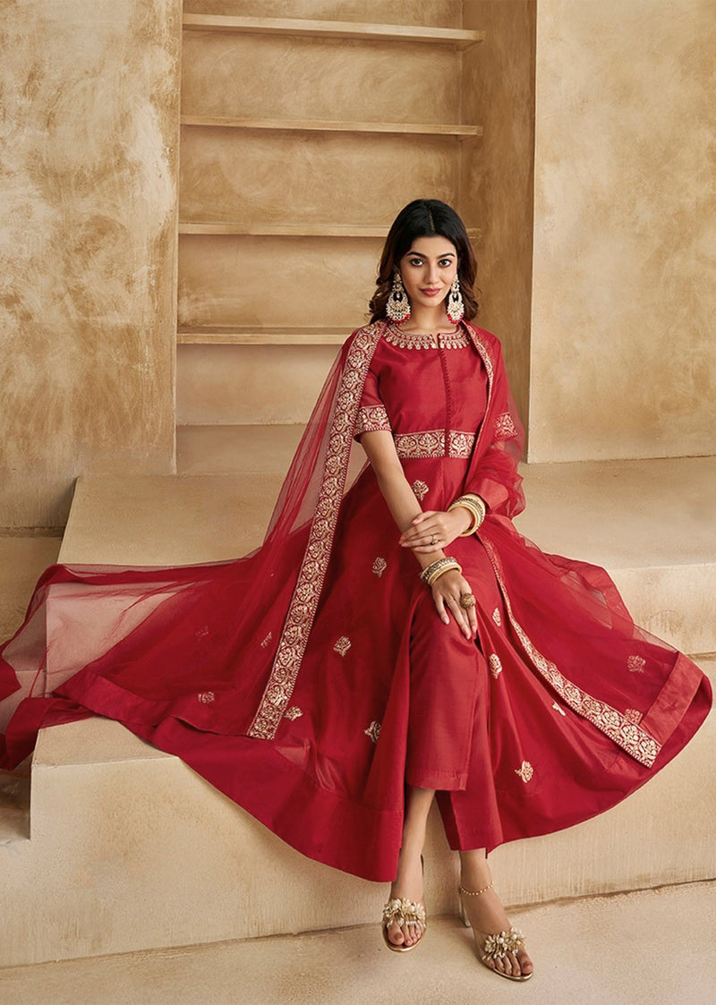 Red Chanderi Anarkali Embroidery Salwar Suit with Dupatta Set For Women's