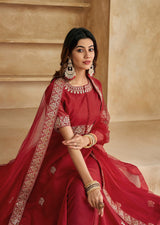 Red Chanderi Anarkali Embroidery Salwar Suit with Dupatta Set For Women's