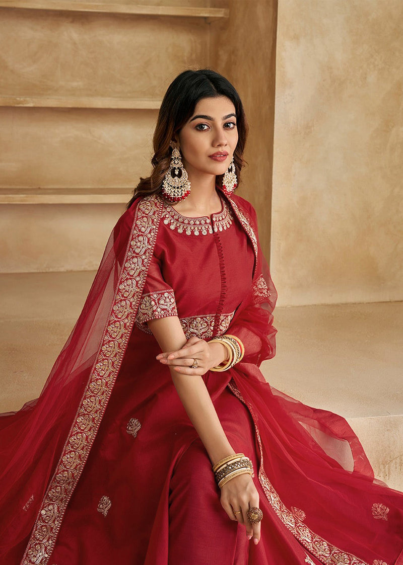 Red Chanderi Anarkali Embroidery Salwar Suit with Dupatta Set For Women's