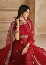 Red Chanderi Anarkali Embroidery Salwar Suit with Dupatta Set For Women's