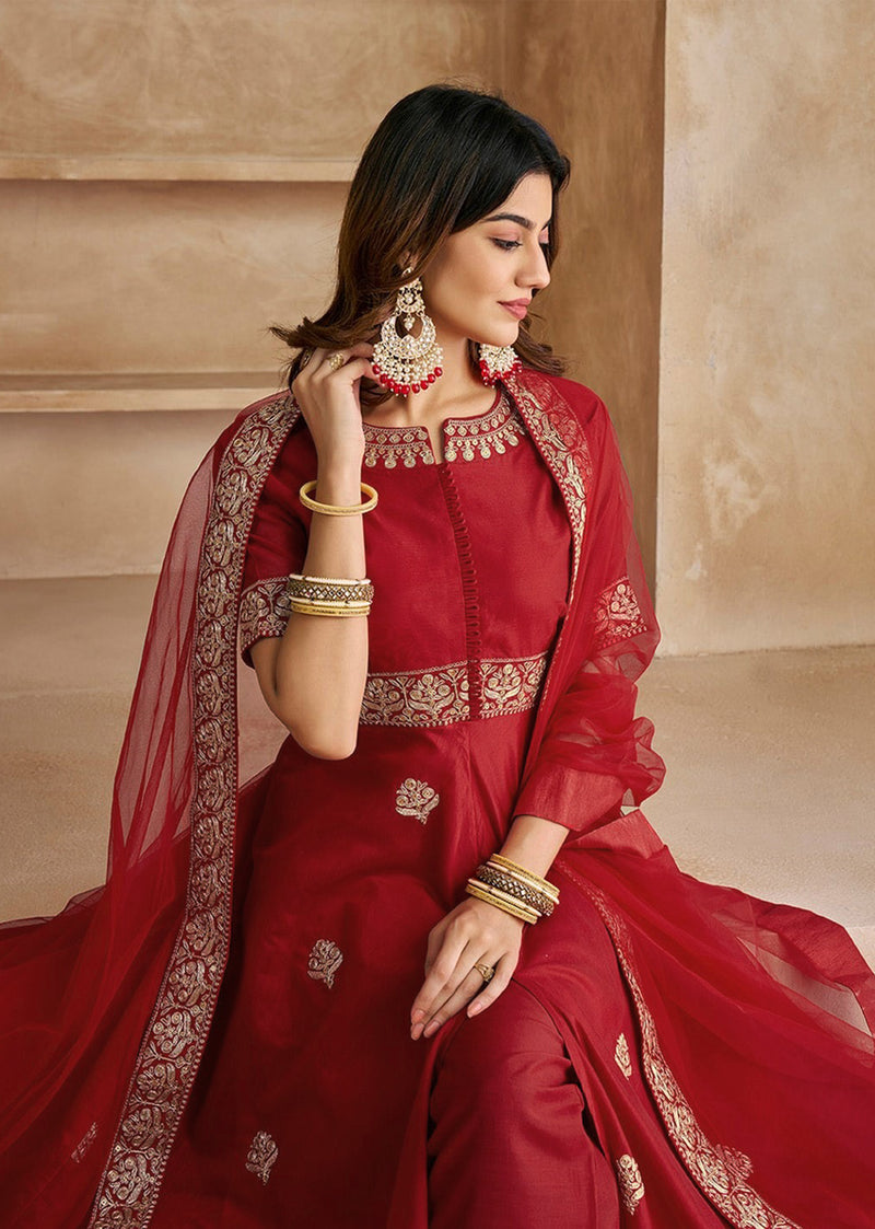 Red Chanderi Anarkali Embroidery Salwar Suit with Dupatta Set For Women's
