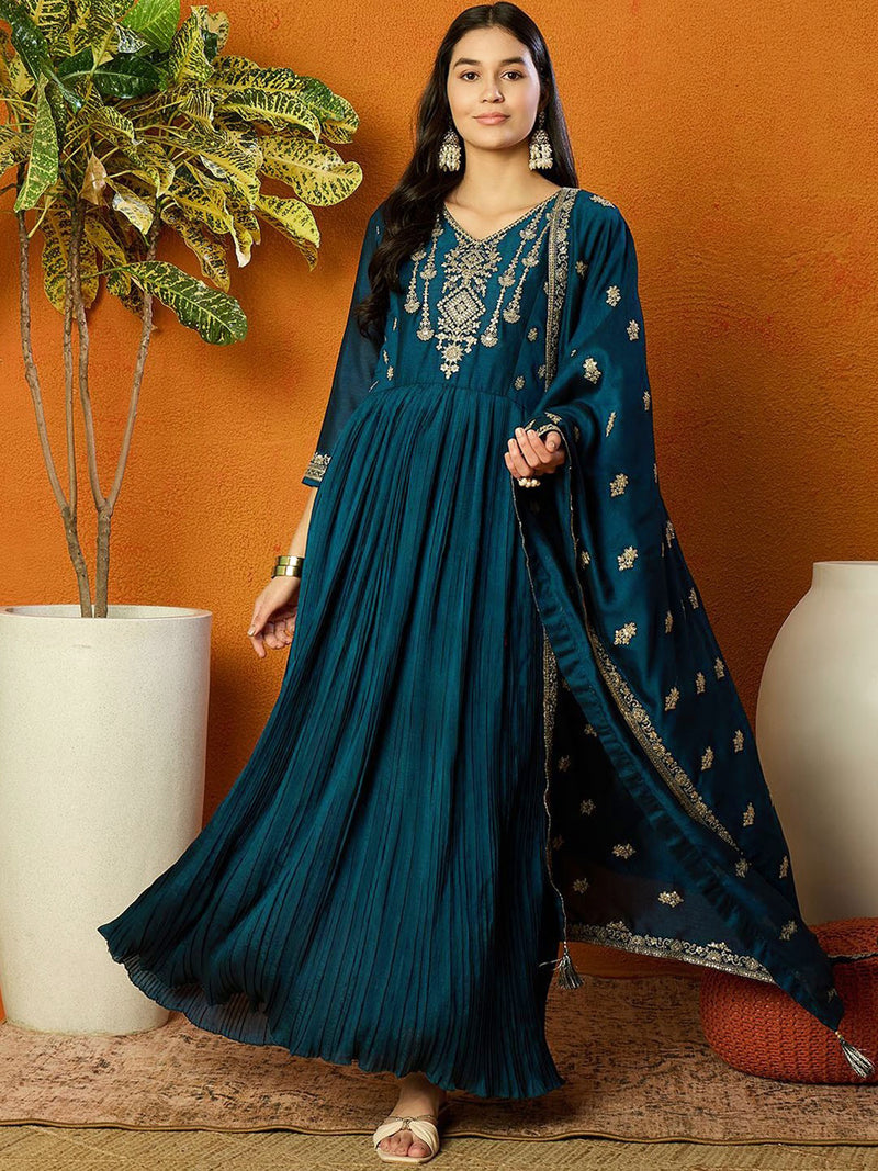 Morpeach Vichitra Silk Embroidery Salwar Suit Set Anarkali Kurta Set with Dupatta For Women's