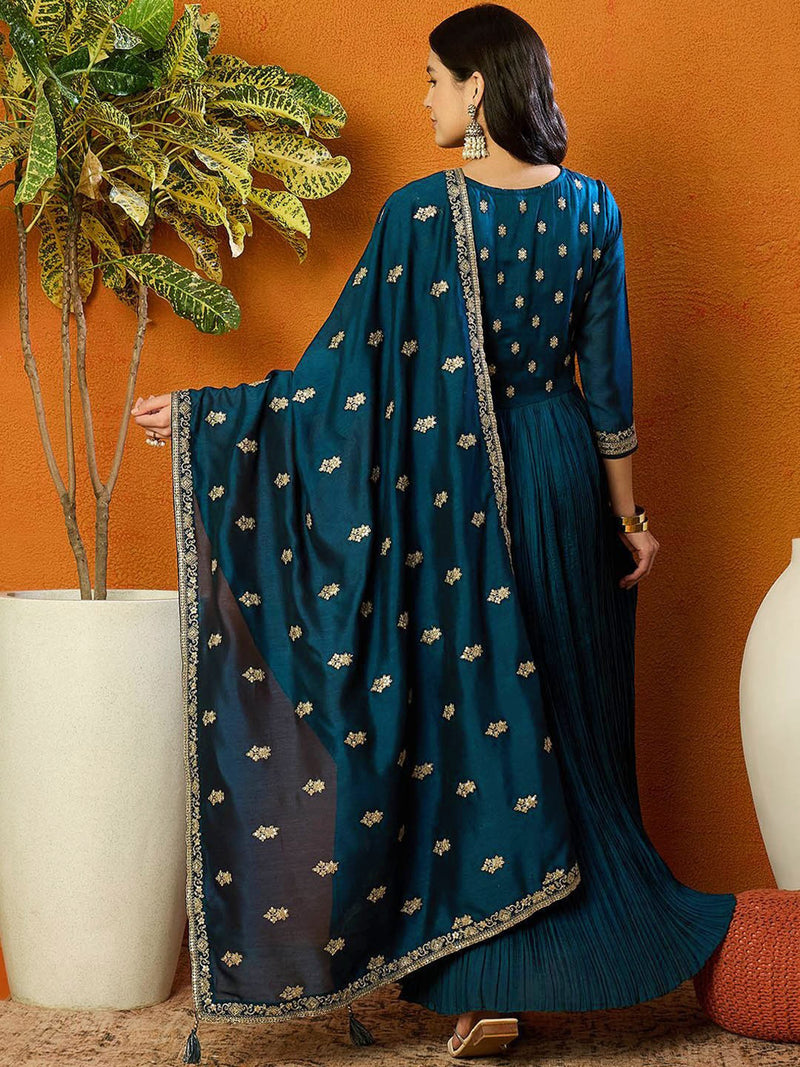 Morpeach Vichitra Silk Embroidery Salwar Suit Set Anarkali Kurta Set with Dupatta For Women's