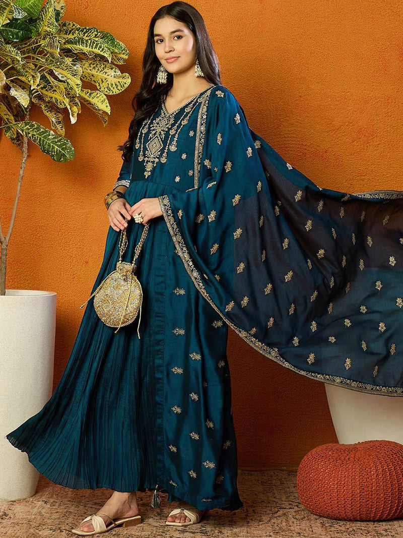 Morpeach Vichitra Silk Embroidery Salwar Suit Set Anarkali Kurta Set with Dupatta For Women's