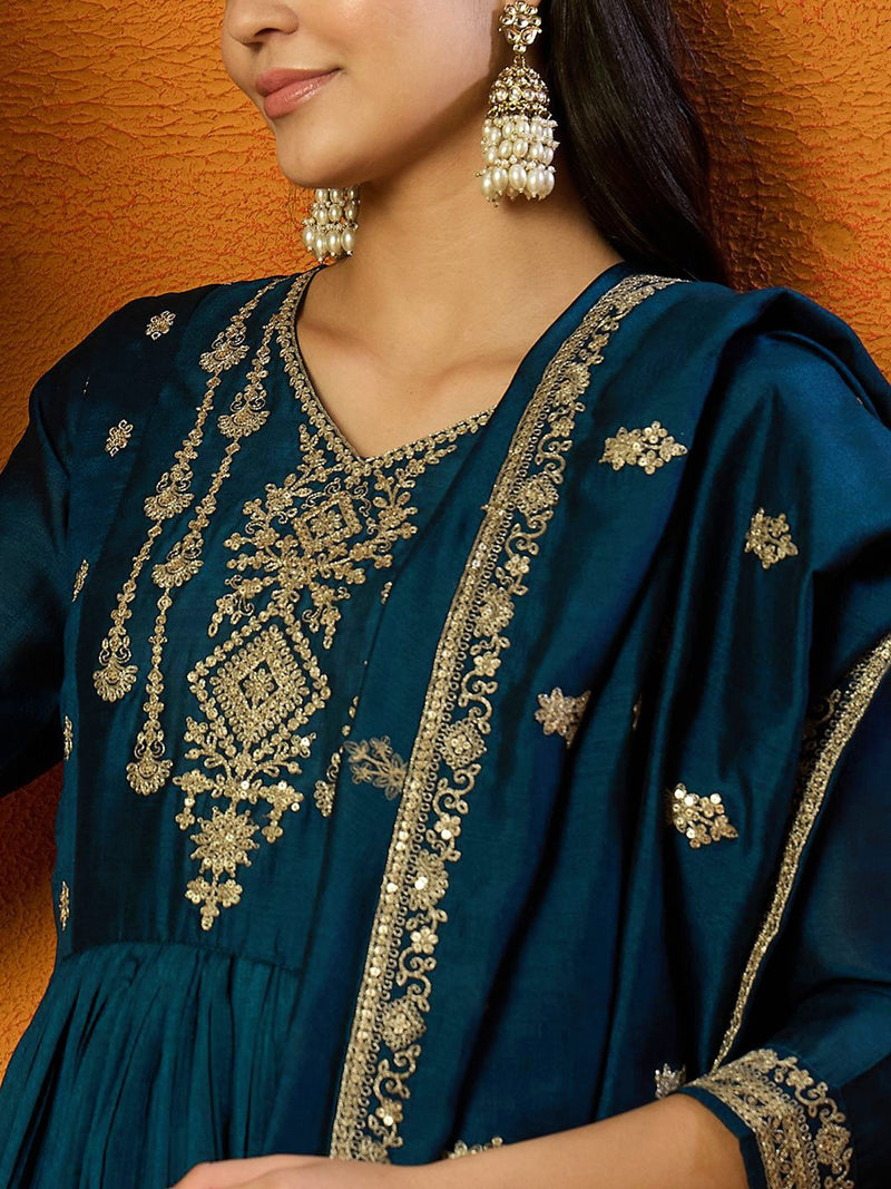 Morpeach Vichitra Silk Embroidery Salwar Suit Set Anarkali Kurta Set with Dupatta For Women's