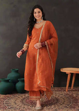 Orange Chanderi Embroidery Salwar Suit with Dupatta Set For Women's