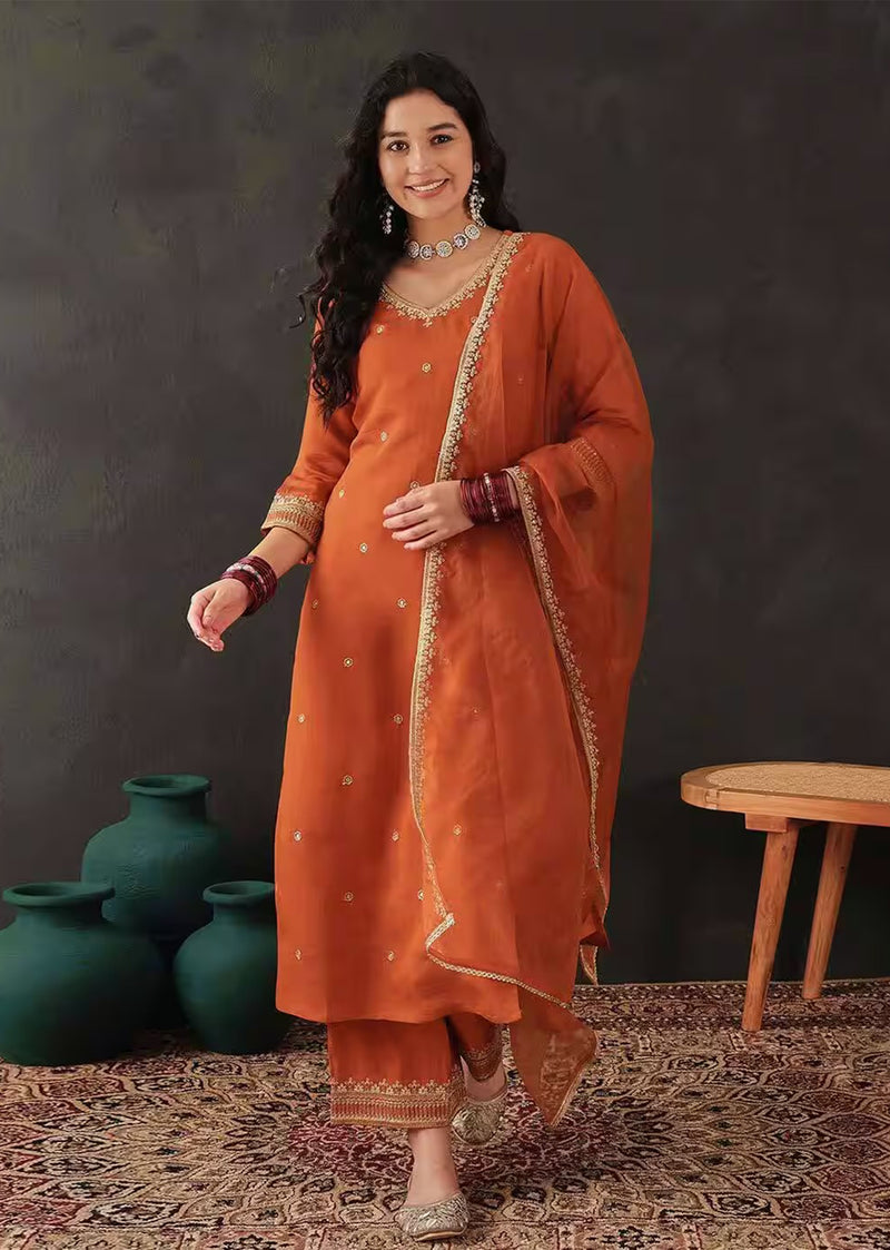 Orange Chanderi Embroidery Salwar Suit with Dupatta Set For Women's