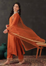 Orange Chanderi Embroidery Salwar Suit with Dupatta Set For Women's