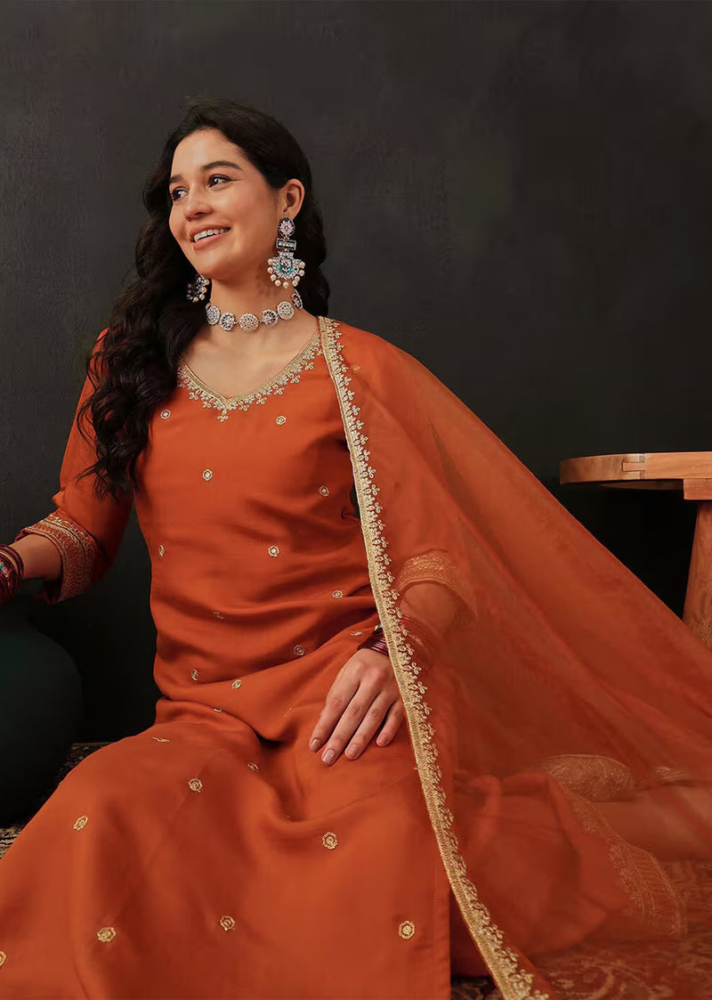 Orange Chanderi Embroidery Salwar Suit with Dupatta Set For Women's