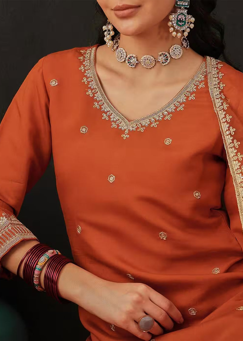 Orange Chanderi Embroidery Salwar Suit with Dupatta Set For Women's