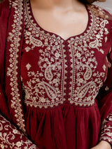Maroon Silk Blend Embroidery Anarkali  Salwar Suit Set with Dupatta for Women'S