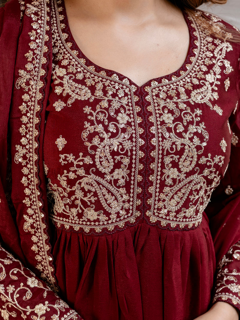 Maroon Silk Blend Embroidery Anarkali  Salwar Suit Set with Dupatta for Women'S