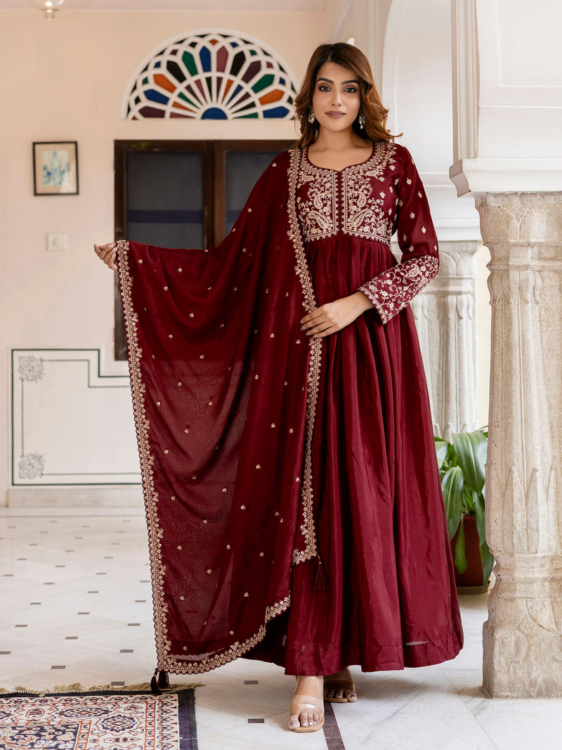 Maroon Silk Blend Embroidery Anarkali  Salwar Suit Set with Dupatta for Women'S