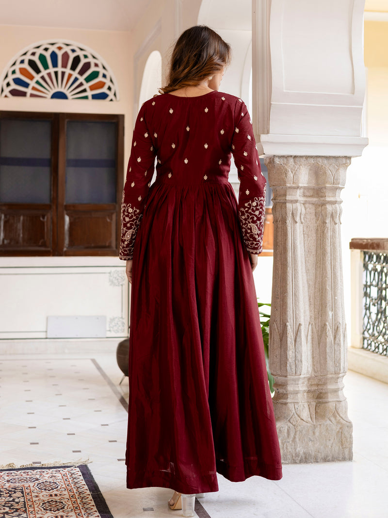 Maroon Silk Blend Embroidery Anarkali  Salwar Suit Set with Dupatta for Women'S