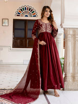 Maroon Silk Blend Embroidery Anarkali  Salwar Suit Set with Dupatta for Women'S