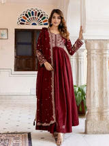 Maroon Silk Blend Embroidery Anarkali  Salwar Suit Set with Dupatta for Women'S