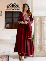 Maroon Silk Blend Embroidery Anarkali  Salwar Suit Set with Dupatta for Women'S