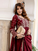 Maroon Silk Blend Embroidery Anarkali  Salwar Suit Set with Dupatta for Women'S