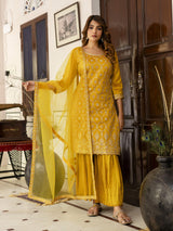 Yellow Art Silk Embroidery Sequence Work Pleated Kurta Sharara with Dupatta For Women's