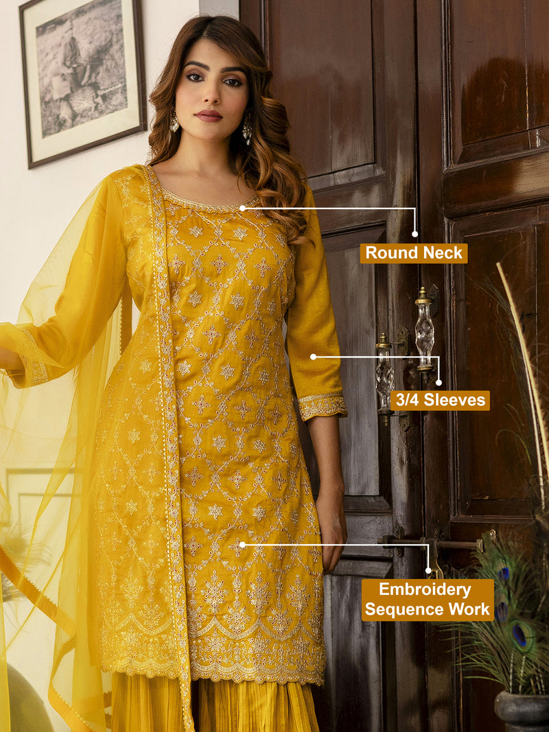 Yellow Art Silk Embroidery Sequence Work Pleated Kurta Sharara with Dupatta For Women's