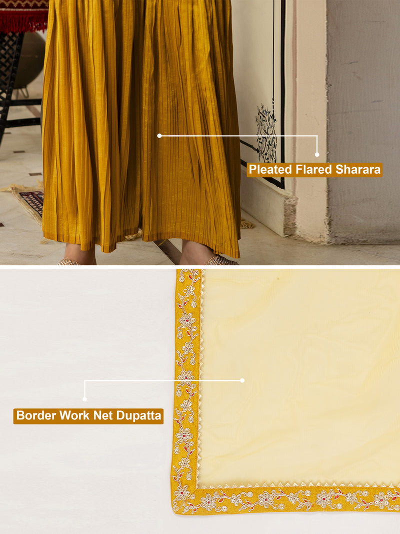 Yellow Art Silk Embroidery Sequence Work Pleated Kurta Sharara with Dupatta For Women's