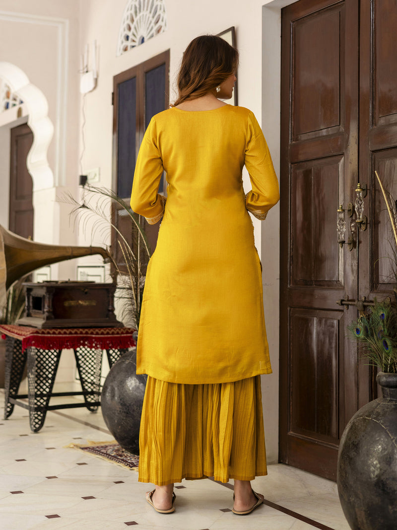 Yellow Art Silk Embroidery Sequence Work Pleated Kurta Sharara with Dupatta For Women's