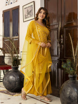 Yellow Art Silk Embroidery Sequence Work Pleated Kurta Sharara with Dupatta For Women's