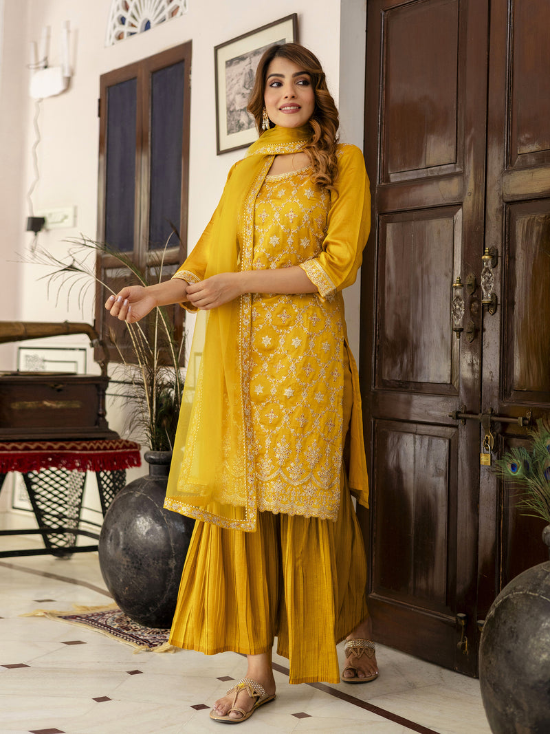 Yellow Art Silk Embroidery Sequence Work Pleated Kurta Sharara with Dupatta For Women's