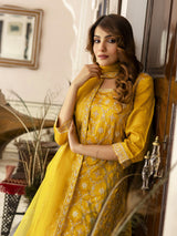 Yellow Art Silk Embroidery Sequence Work Pleated Kurta Sharara with Dupatta For Women's