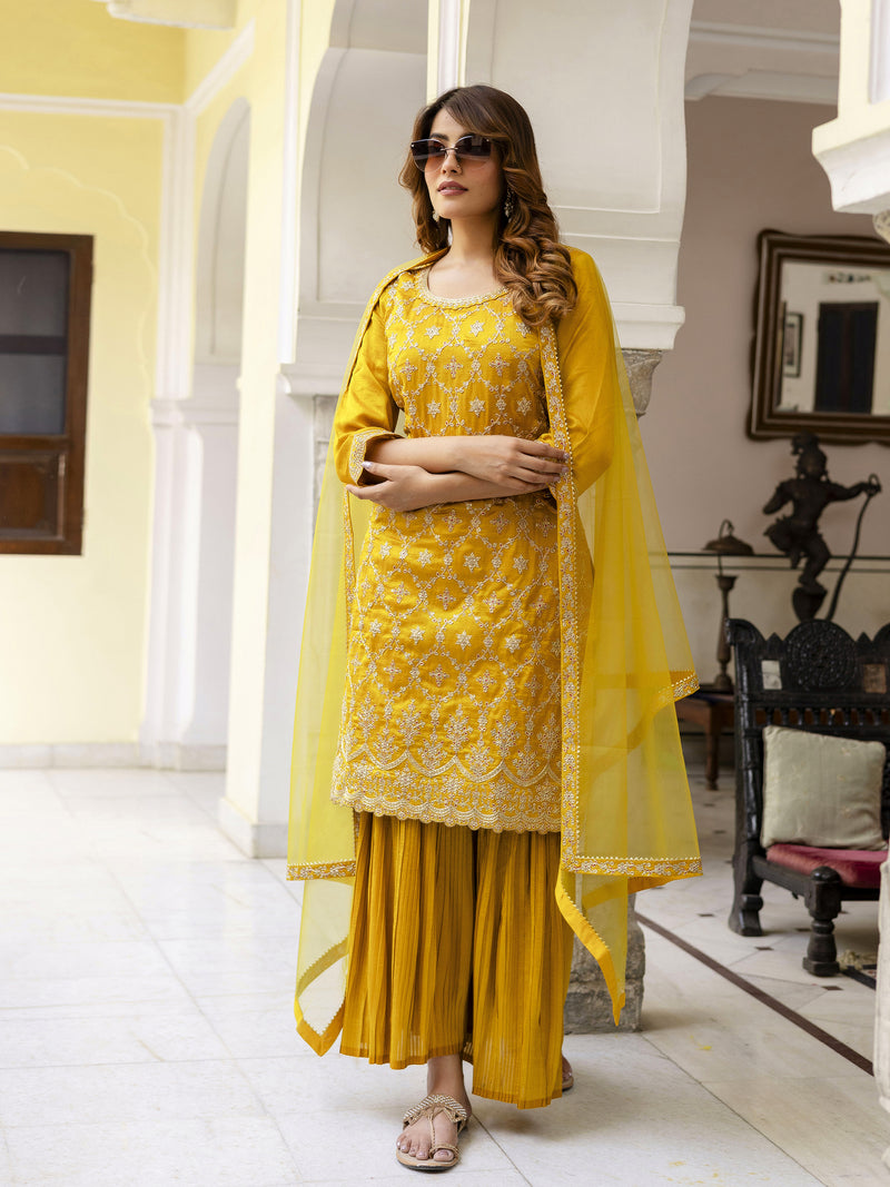 Yellow Art Silk Embroidery Sequence Work Pleated Kurta Sharara with Dupatta For Women's