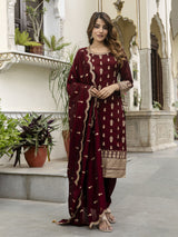 Maroon Art Silk Embroidery Sequence Work Kurta Pant Set with Dupatta for Women