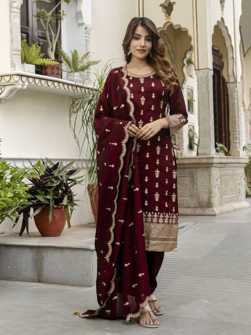 Maroon Art Silk Embroidery Sequence Work Kurta Pant Set with Dupatta for Women