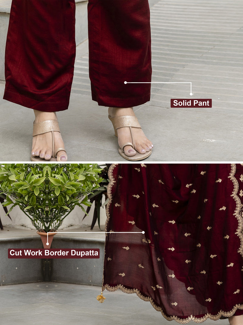 Maroon Art Silk Embroidery Sequence Work Kurta Pant Set with Dupatta for Women