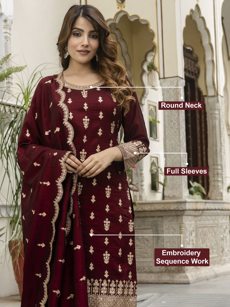 Maroon Art Silk Embroidery Sequence Work Kurta Pant Set with Dupatta for Women