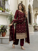 Maroon Art Silk Embroidery Sequence Work Kurta Pant Set with Dupatta for Women