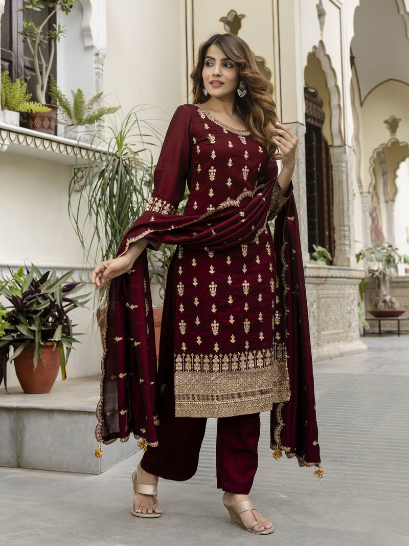 Maroon Art Silk Embroidery Sequence Work Kurta Pant Set with Dupatta for Women