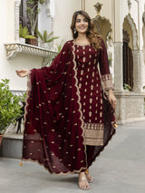 Maroon Art Silk Embroidery Sequence Work Kurta Pant Set with Dupatta for Women