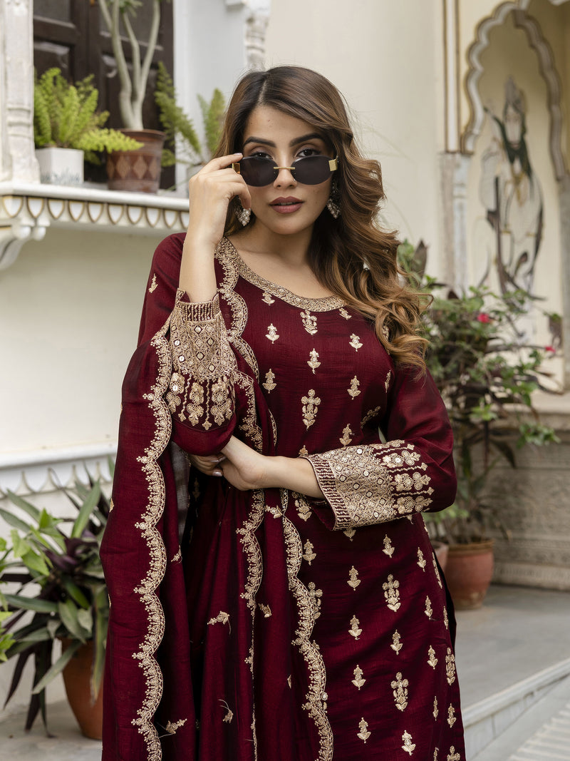 Maroon Art Silk Embroidery Sequence Work Kurta Pant Set with Dupatta for Women