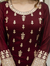 Maroon Art Silk Embroidery Sequence Work Kurta Pant Set with Dupatta for Women