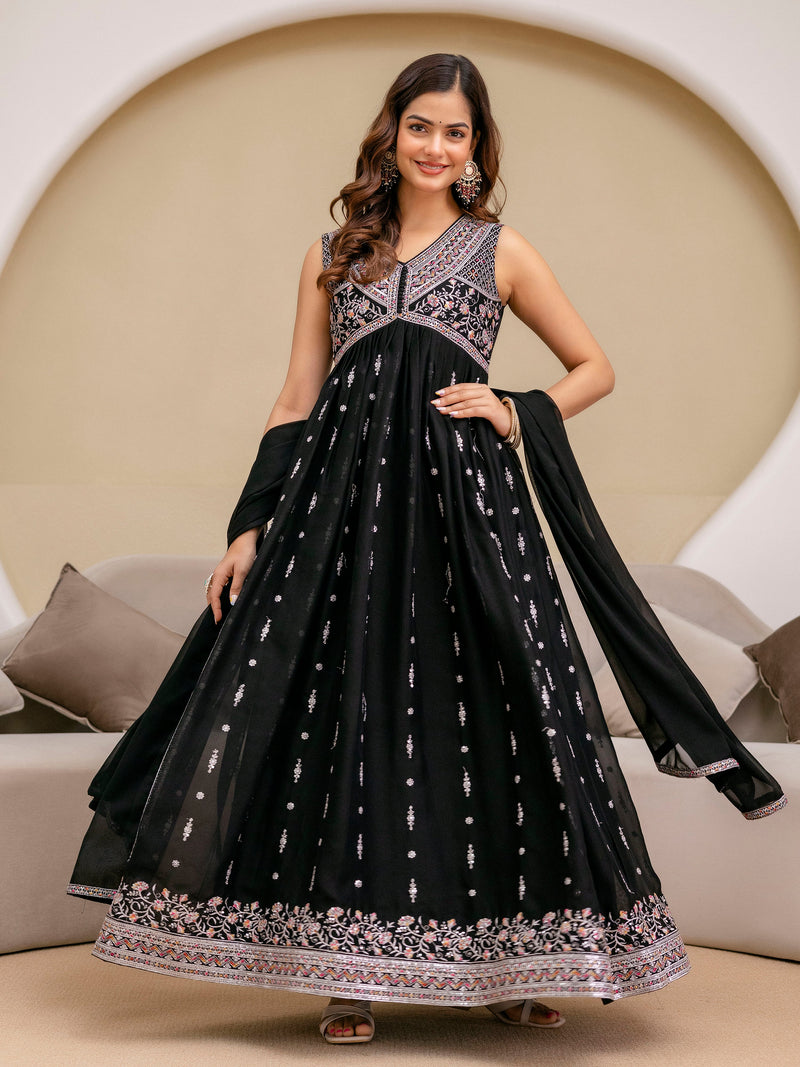 Black Art Silk Embroidery Work Anarkali Kurta Pant with Dupatta Set Trendmalls
