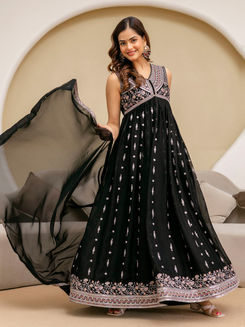 Black Art Silk Embroidery Work Anarkali Kurta Pant with Dupatta Set Trendmalls