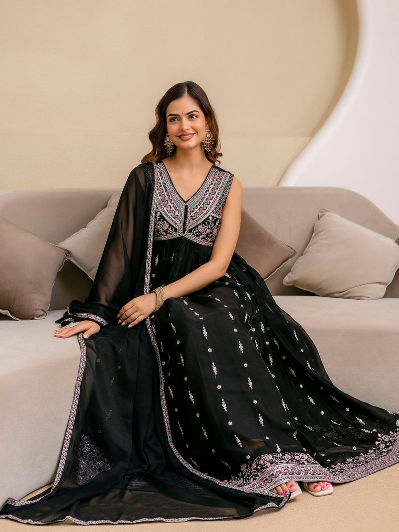 Black Art Silk Embroidery Work Anarkali Kurta Pant with Dupatta Set Trendmalls