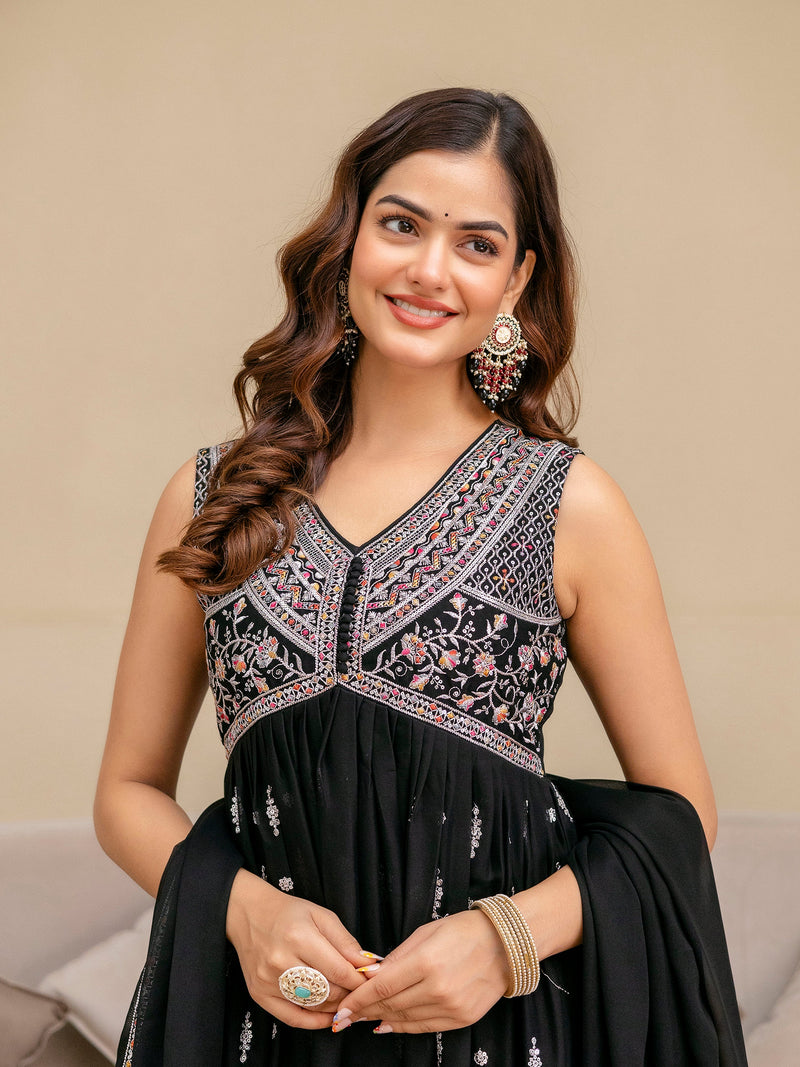 Black Art Silk Embroidery Work Anarkali Kurta Pant with Dupatta Set Trendmalls