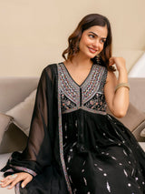 Black Art Silk Embroidery Work Anarkali Kurta Pant with Dupatta Set Trendmalls